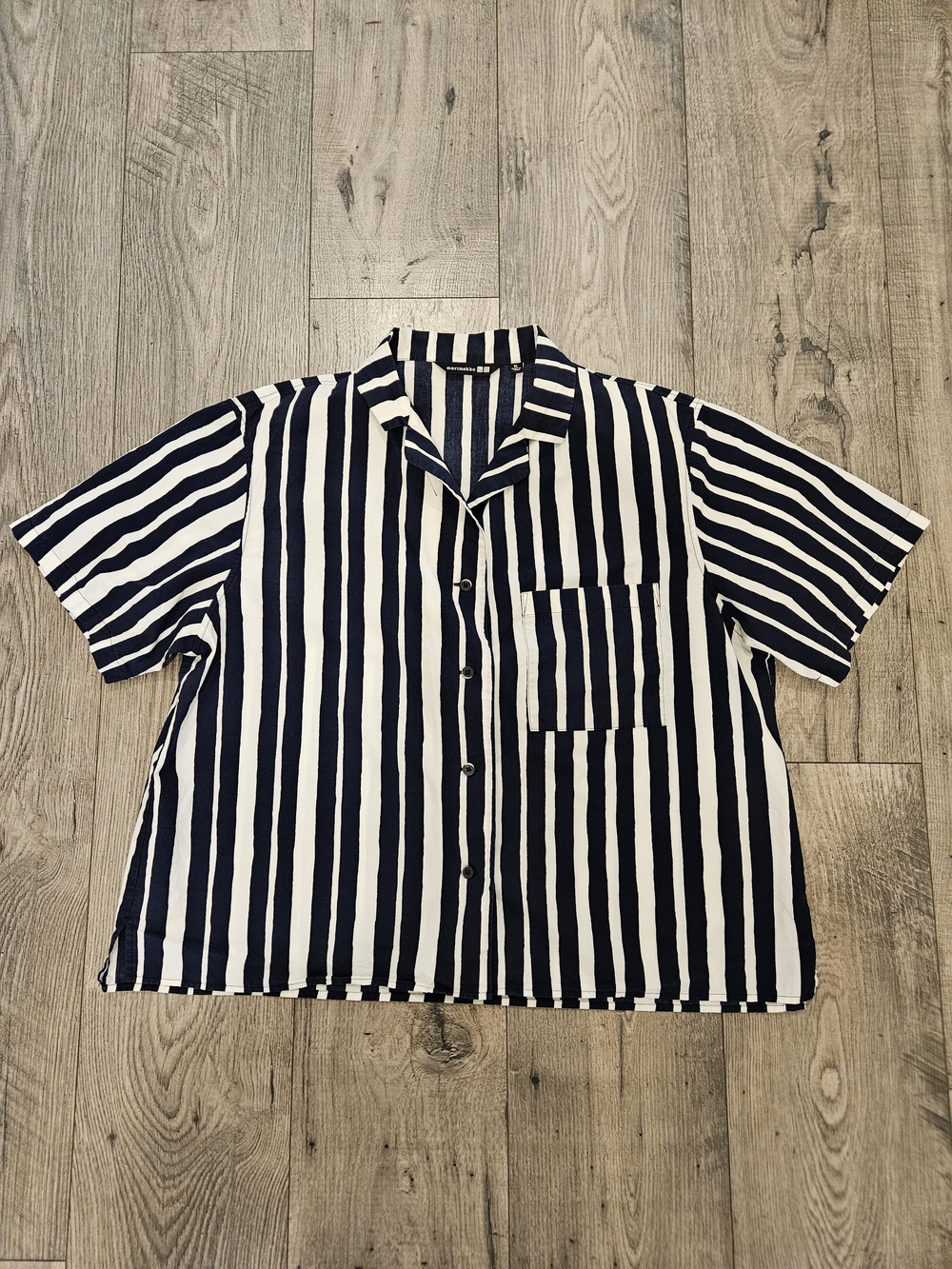 Marimekko Navy & White Vertical Stripe 100% Cotton Button Up Collar Shirt Sz. XL